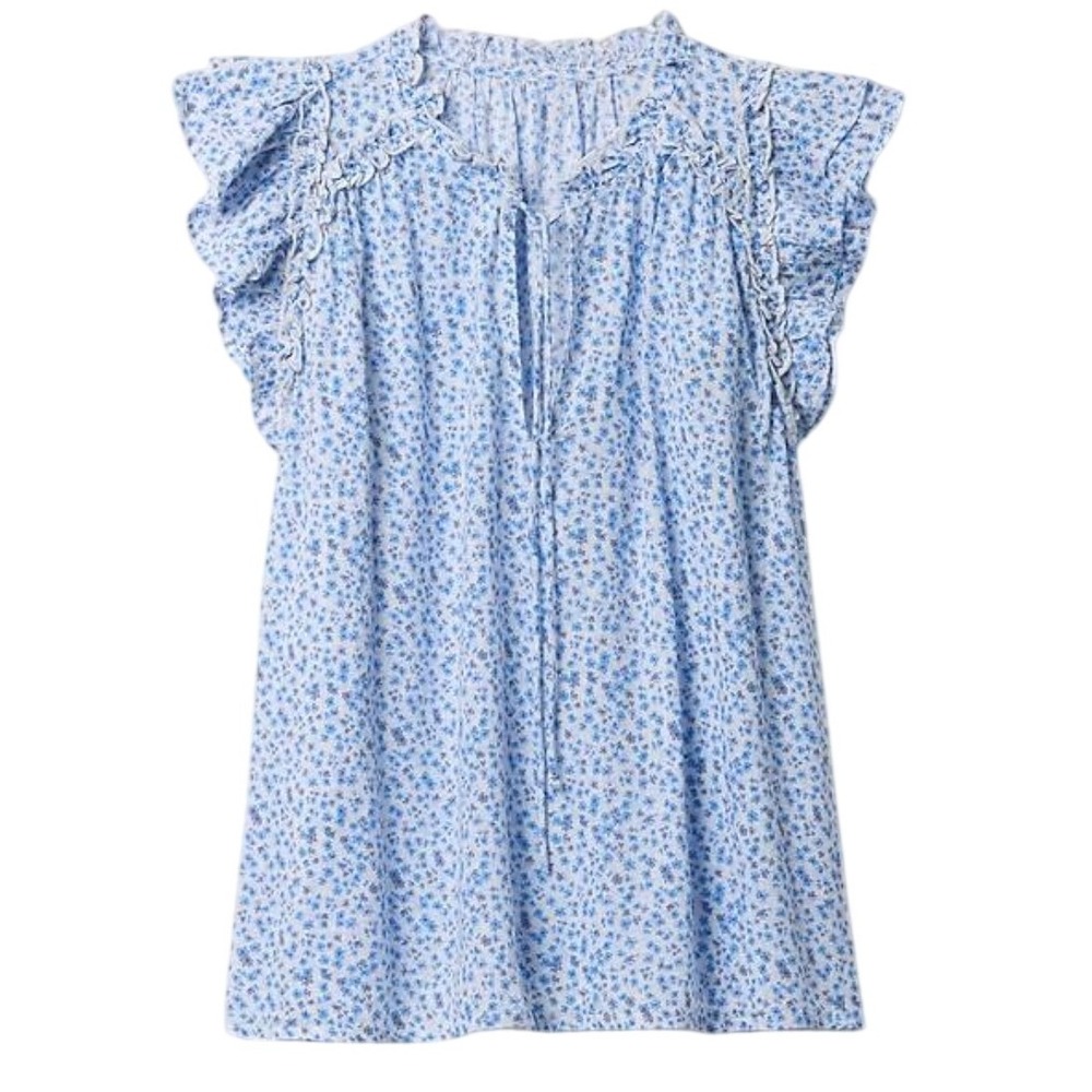 GAP Ruffle Splitneck Top Women L Light Blue‎ Floral Cotton Cottage Coquette Boho